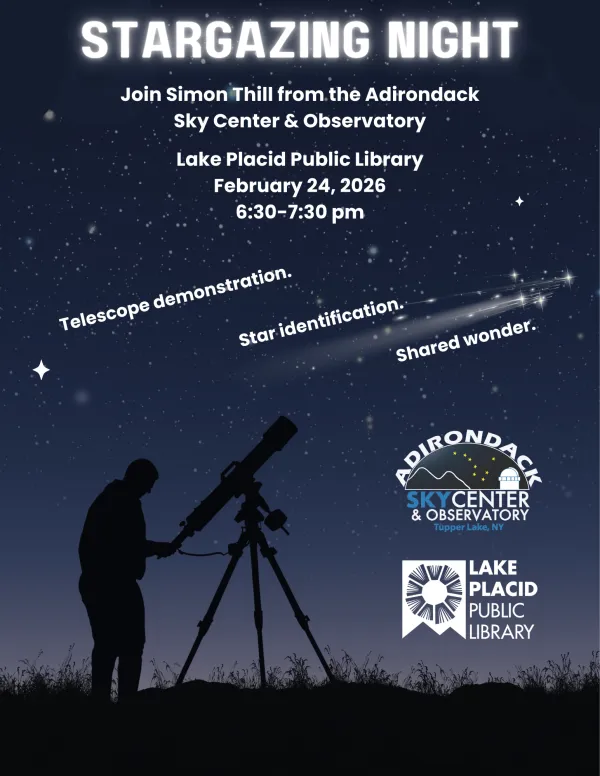 A poster about stargazing featuring a man with a telescope.