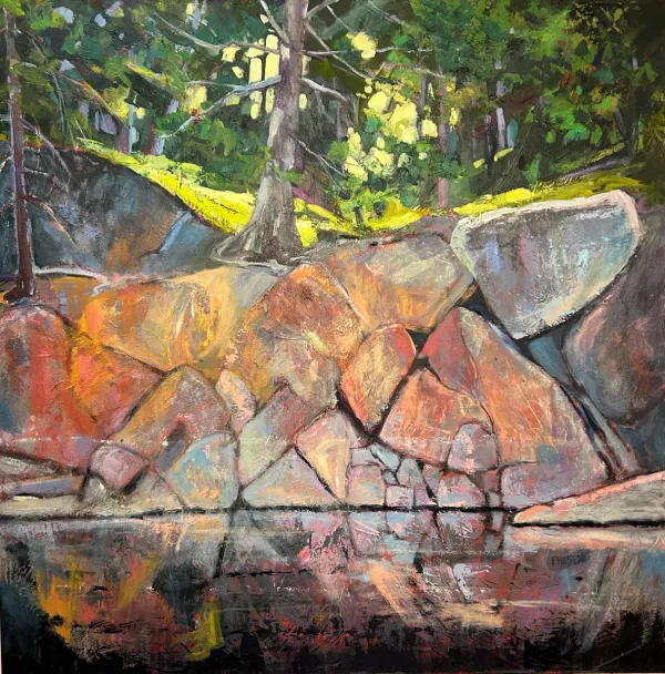 Adirondack Rocks painting of colorful rocks on shoreline between water and trees by Holly Friesen