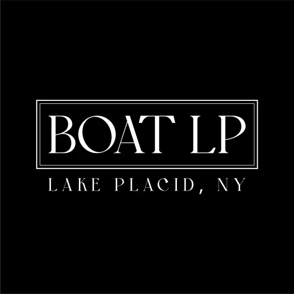 Logo for Boat LP, Lake Placid, NY.  White lettering on a black background.