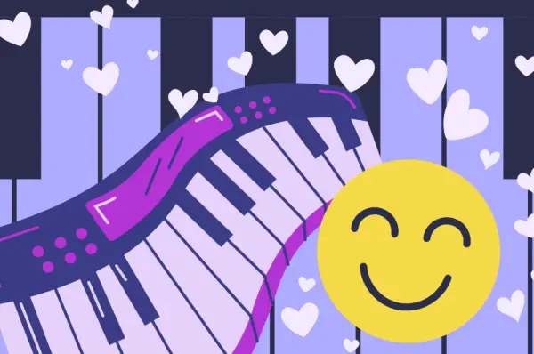 A keyboard with a smiling face and hearts floating around it.