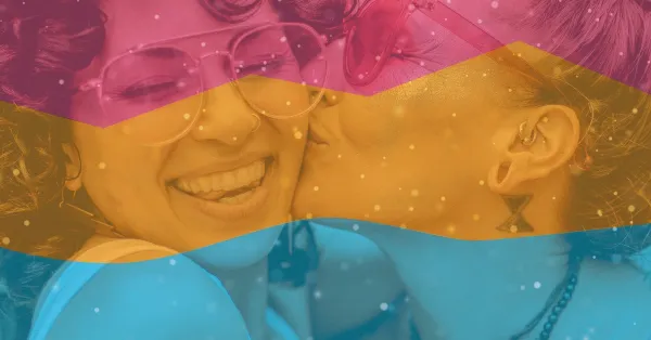 Pink, orange, and blue color waves overlaid over photo of woman kissing another woman's cheek while she smiles broadly