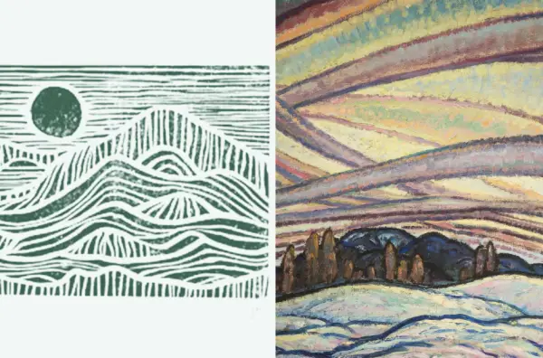 Side-by-side comparison of a stylized linocut print and an impressionistic painting, both depicting a landscape with mountains under a sky.