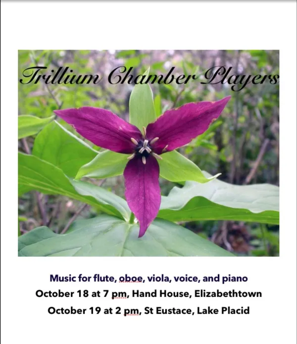 Fuchsia colored trillium flower and leaves on white background with black text providing details about upcoming Trillium Chamber Players concert