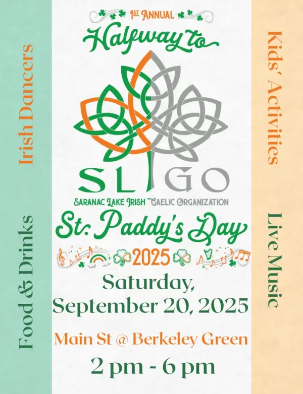 gaelic symbol poster with event details. St. Patrick's Day green and gold colors 