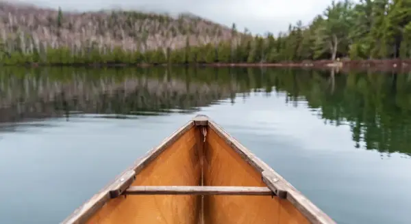 View from the front of a canoe on a calm lake, surrounded by trees and a distant mountain.