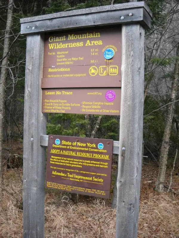 Trailhead sign for Giant Mountain Wilderness Area.