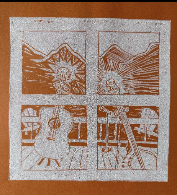 Linocut print depicting a four-panel scene of a guitar on a porch with a mountainous landscape in the background.