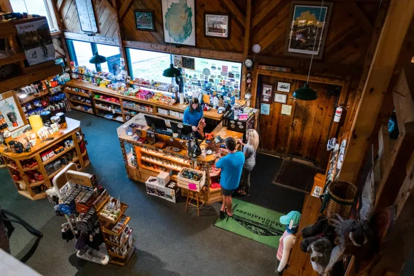 The interior of an outdoor gear shop. 