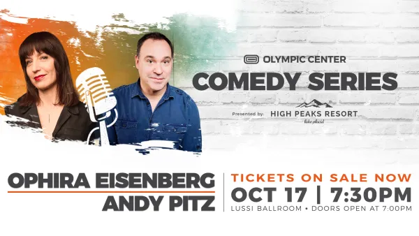 Header graphic with headshots of Ophira Eisenberg and Andy Pitz and information about their event at the Olympic Center