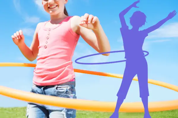 Girl hula hooping outdoors with a purple silhouette of a girl hula hooping superimposed over her.