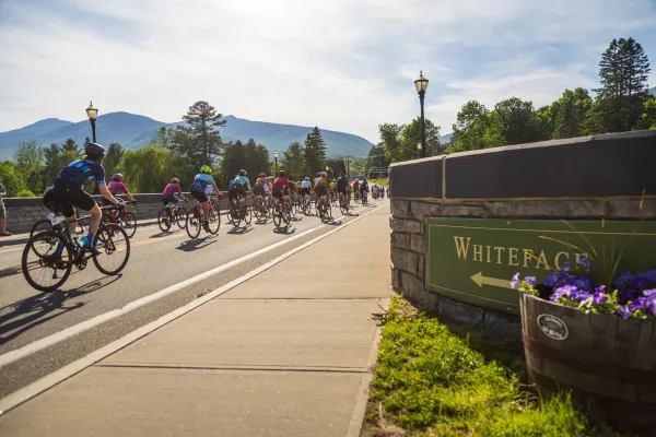 A large group of cyclists rides across a bridge on a sunny day, passing a stone sign on the right that reads "WHITEFACE".