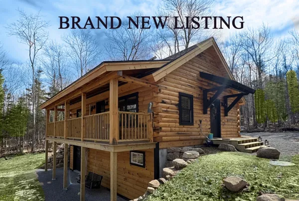 Log cabin on a hillside with lush greenery and the title Brand New Listing.