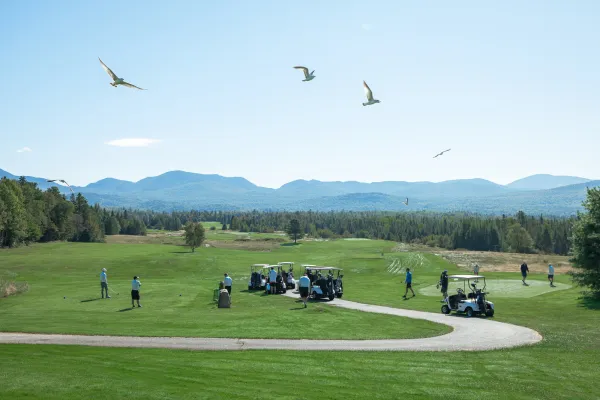 Golfers and golf carts on green course with mountains in distant background.
