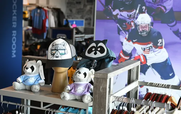 Custom hats and raccoon plushies.