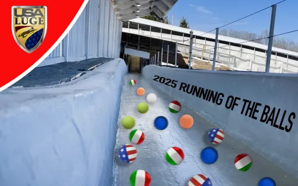 Generated image of lacrosse balls with various country's flag designs rolling down an icy luge track