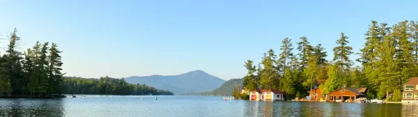 The view of Lake Placid and surrounding mountains from Paradox Bay Marina.