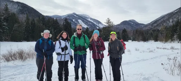 Five people skiing in a snowy mountainous landscape.