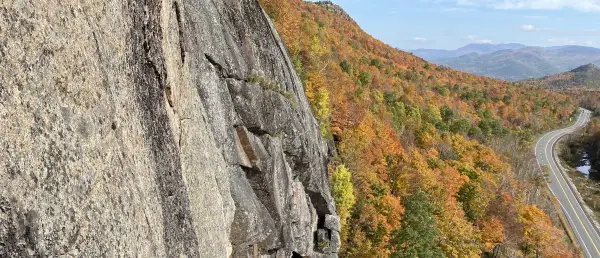 A steep rock wall with bright orange trees below