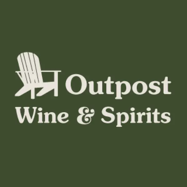  A green background with white lettering with an Adirondack style chair and the words "Outpost Wine & Spirits"