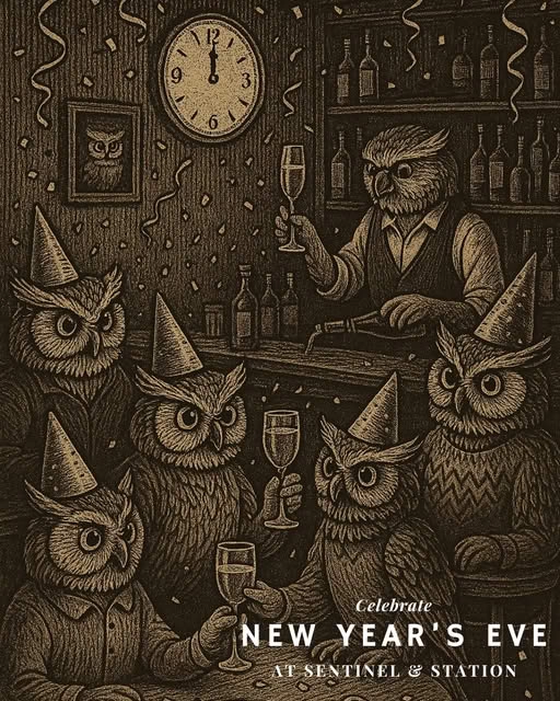 Sepia tone graphic of anthropomorphized owls celebrating with raised champagne flutes and party hats in a bar setting