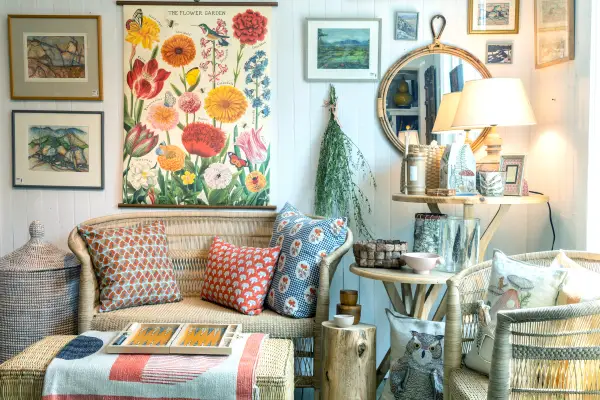 Wall decor on display from large posters to small framed paintings.