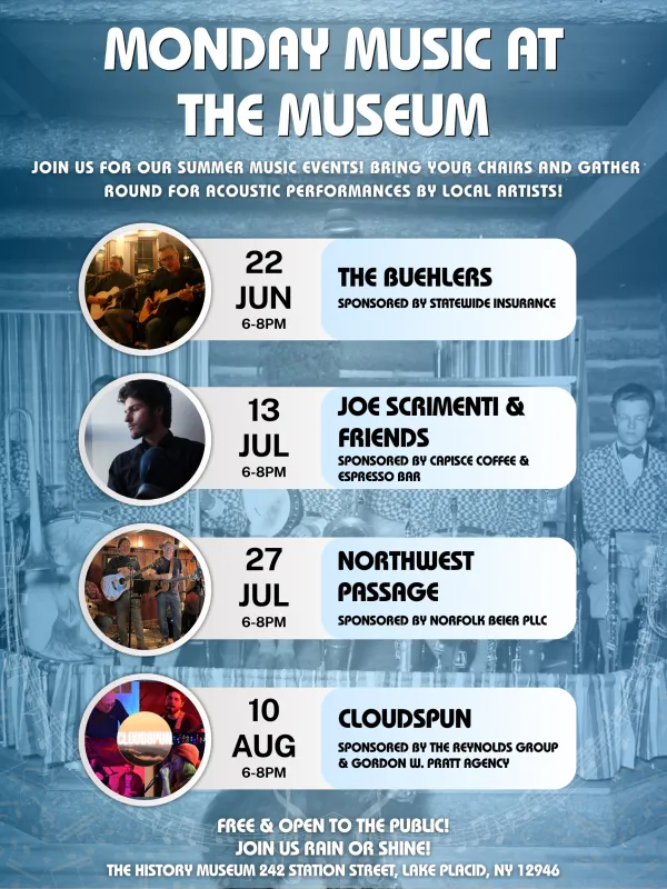 Monday Music at the Museum poster with band images, names, and dates of performances