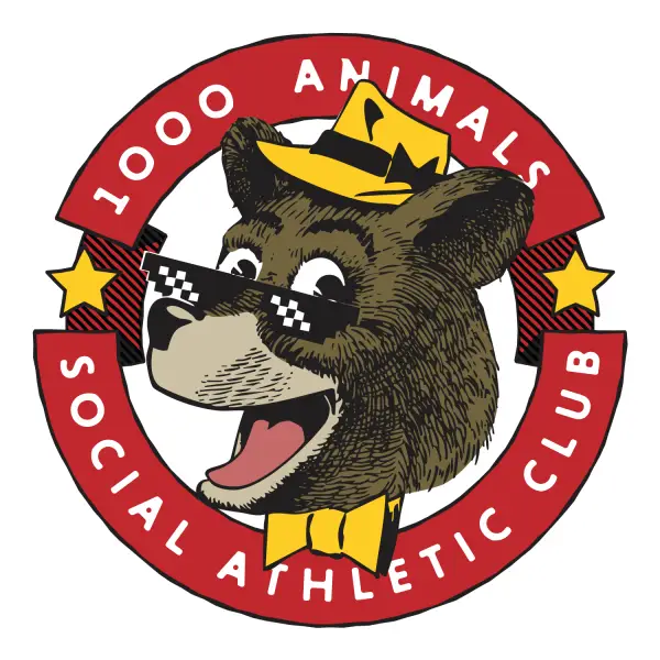 Logo for the 1000 Animals Social Athletic Club, featuring a cartoon bear wearing a hat and sunglasses.