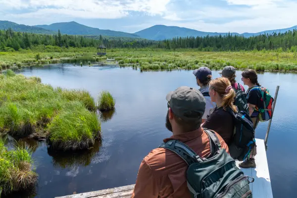 A group of people standing on a wooden walkway on the water