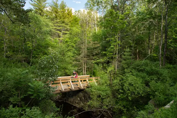 A mountain biker going across a wooden bridge