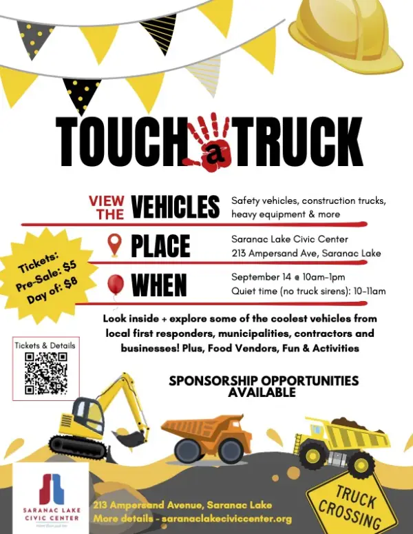 trucks at the bottom of the flyer, a black and white banner at the top. Event details are centered