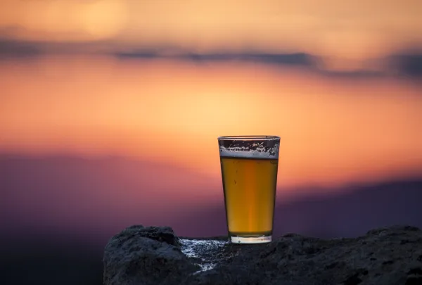 A cup of beer sits on a mountain top. 