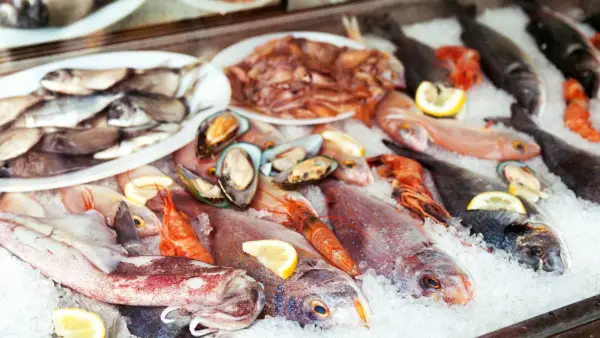 A variety of seafood from fresh fish, to squid, shrimp and mussels displayed over ice in a glass case.