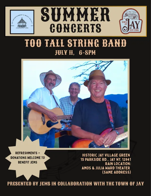 Concert poster for Too Tall String Band on July 11 at Jay Village Green
