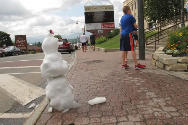 Snow in summer, outside the Olympic Center.