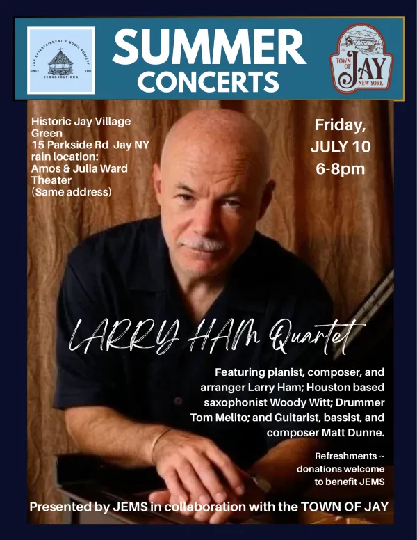 Concert poster for Larry Hamm Quartet on July 10 at Jay Village Green