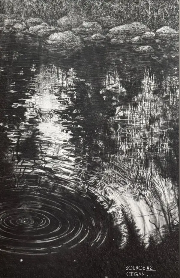 Black and white drawing of a pond reflecting trees and rocks.