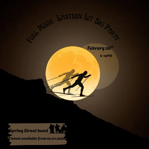Graphic of cross-country skier passing by large full moon on black background with text about event