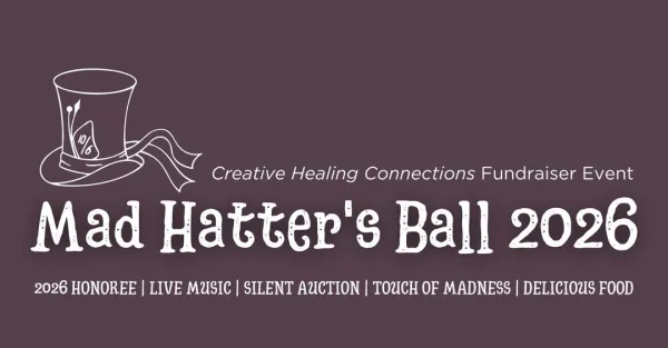 Purple background with white lettering and hat graphic