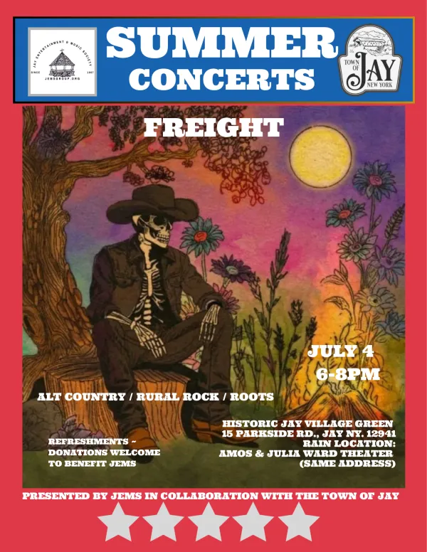 Concert poster for Freight on July 4 at Jay Village Green