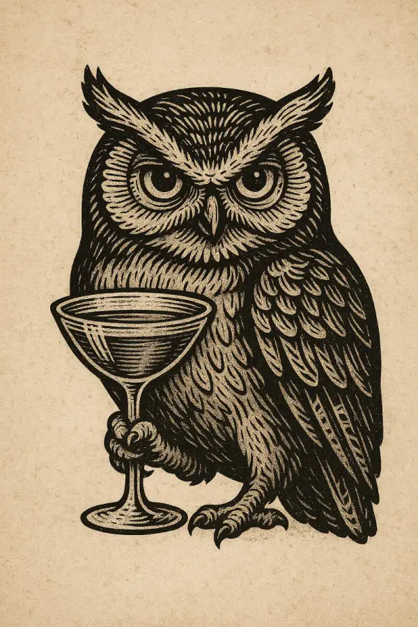 An illustration of an owl holding a martini glass over a sepia tone background