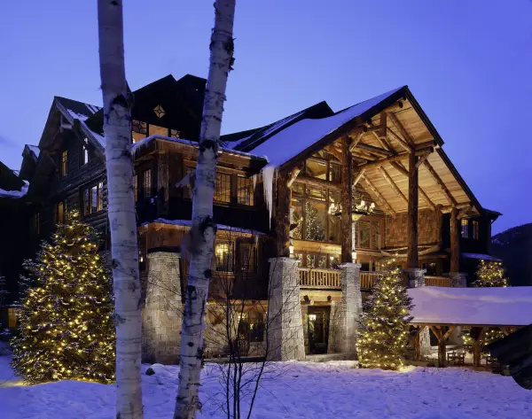 Exterior of lodge in winter. 