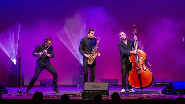 Trio of musicians playing flute, saxaphone, and stand-up bass on a stage