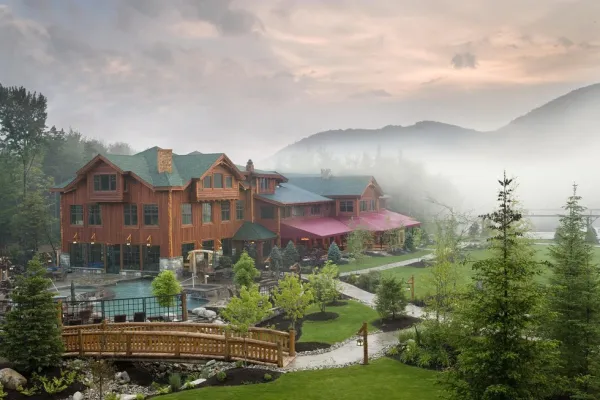 Lodge exterior on a foggy spring morning.