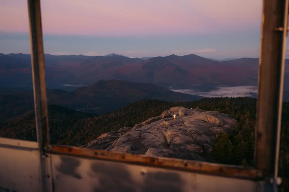A view from the fire tower of Hurricane Mountain during sunrise.