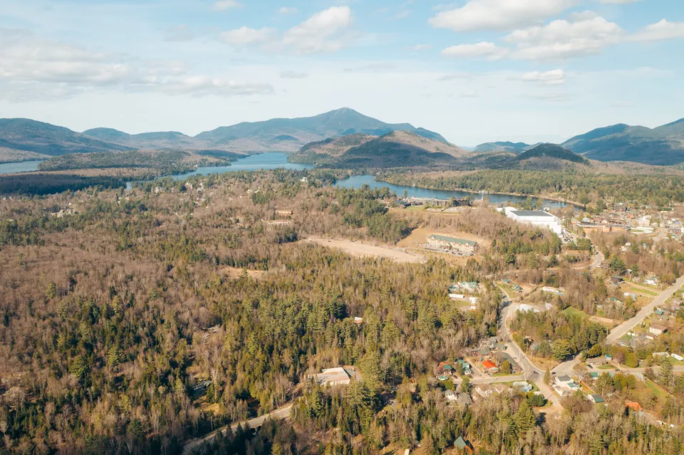 An aerial view of Lake Placid in the spring.