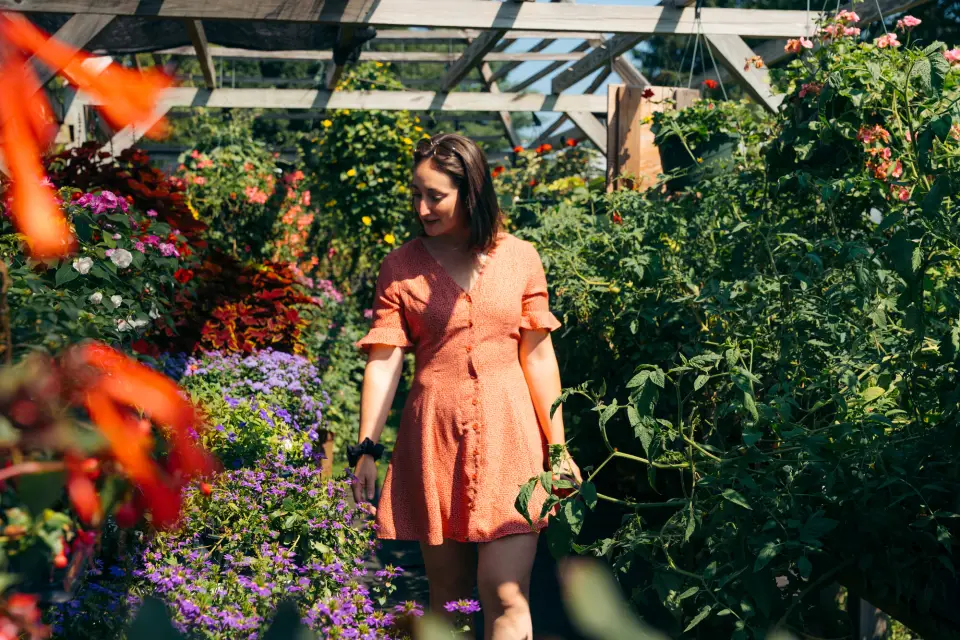 A woman looks through flowers at a nursery.
