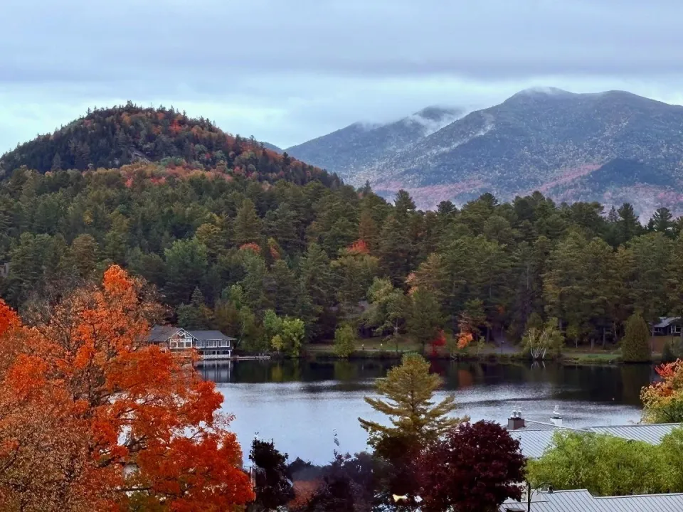 Peak fall foliage in the village of Lake Placid.