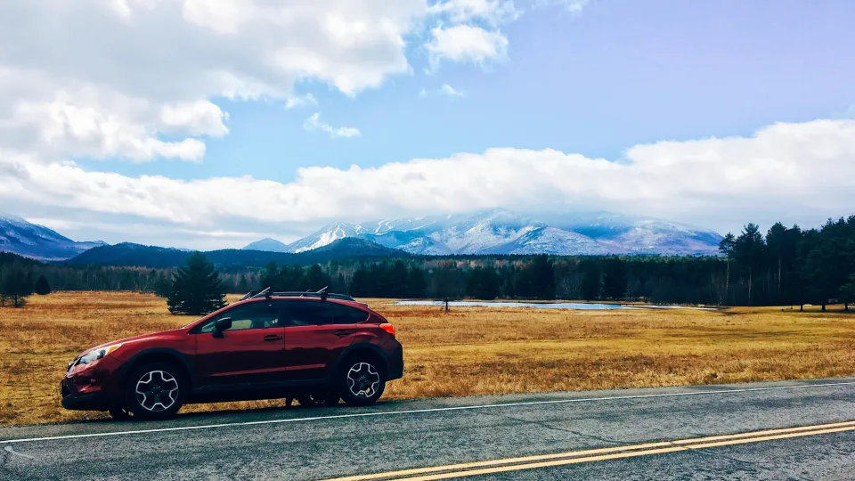 A car driving on a road during spring.
