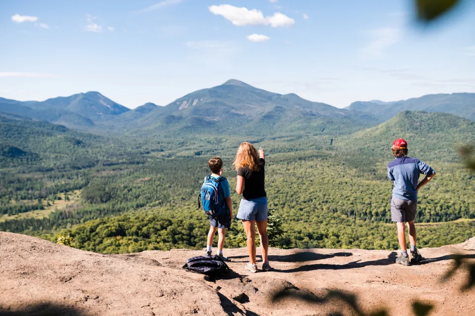 A family of four looks out at a mountain range in summer. 