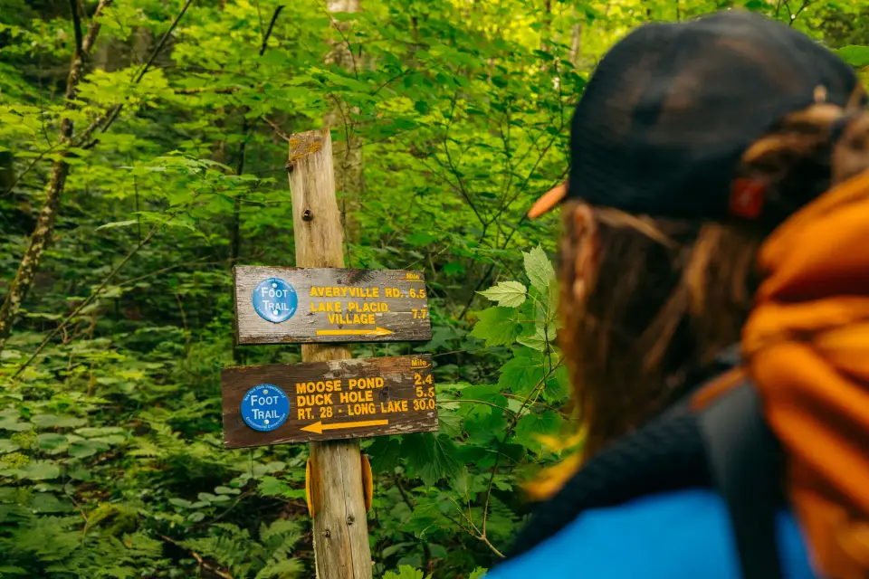 A person looking at a trailhead.